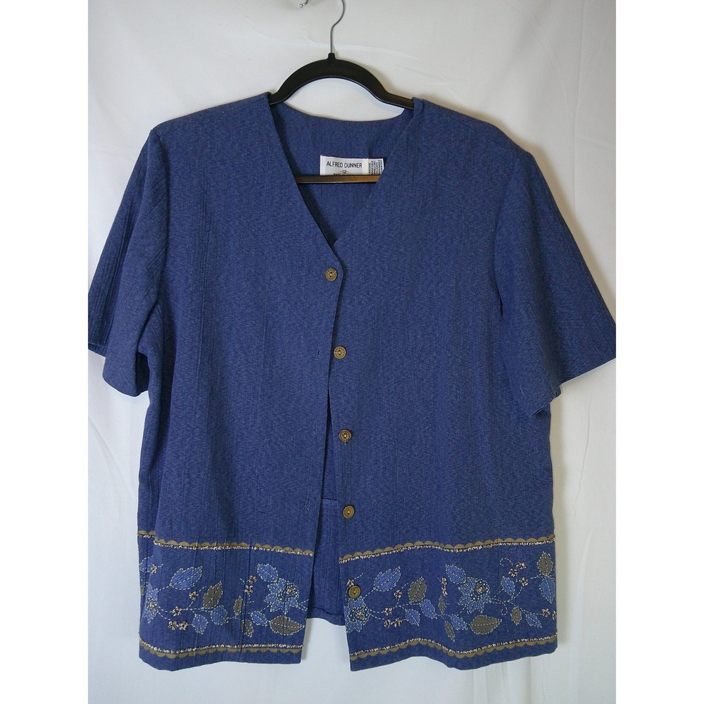 Alfred Dunner Womens Blue Embroidered Floral Border Button‎ Up Top Size 12 USA